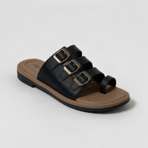 K281 women’s black and tan PVC sandal with three gold-tone buckles and toe loop